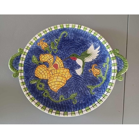 Floral Hummingbird Ceramic Plate with Handles Decorative Serving Platter - Picture 1 of 5